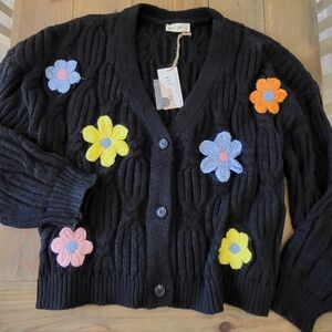 New In Black Cardigan with Colorful Floral Accents NWT 2X